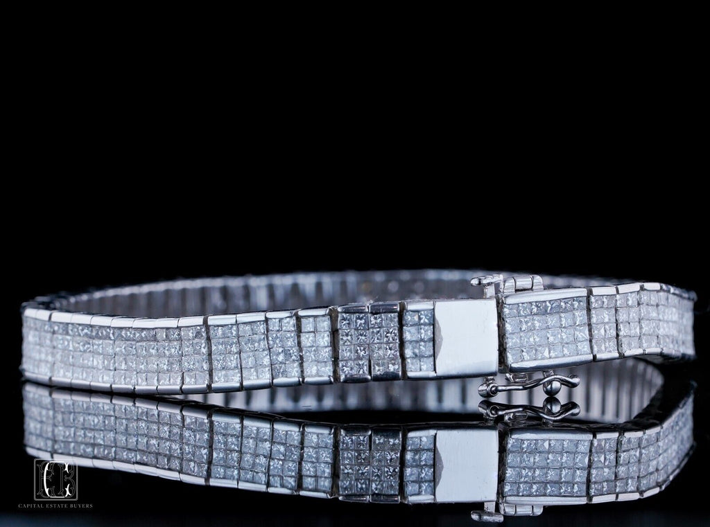 ESTATE 7.80ctw NATURAL PRINCESS CUT DIAMOND 18k WHITE GOLD 4 ROW TENNIS BRACELET